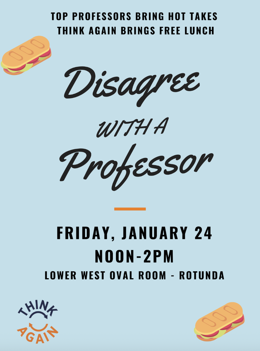 Disagree with a Professor promotional poster with sandwich graphics and event details